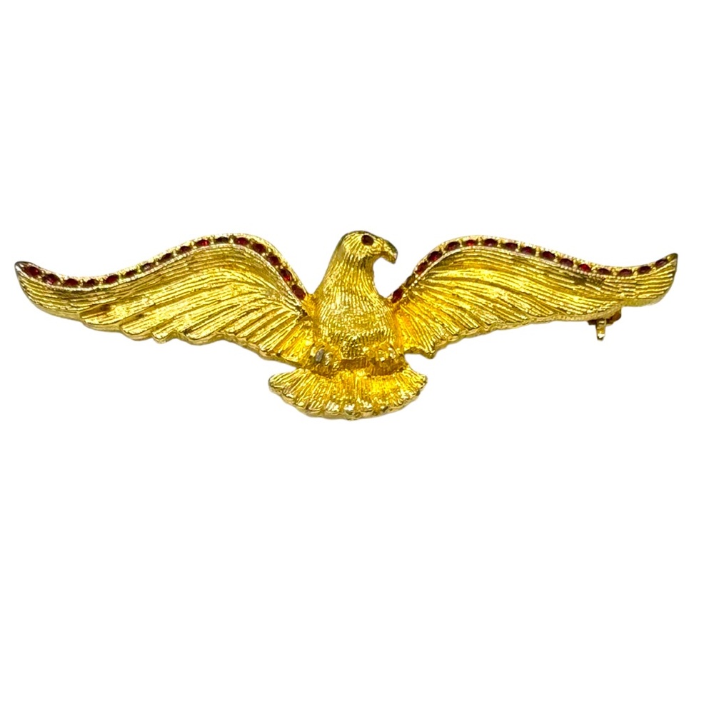 Vintage Signed Bellini Gold Tone & Red Crystal Eagle Figural Brooch